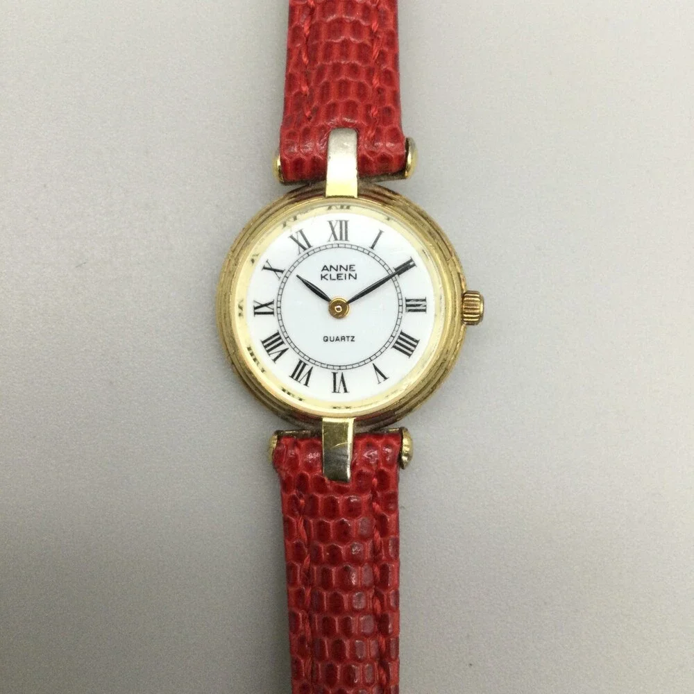 Anne Klein Watch Women 21mm Gold Tone Red Leather Band New Battery